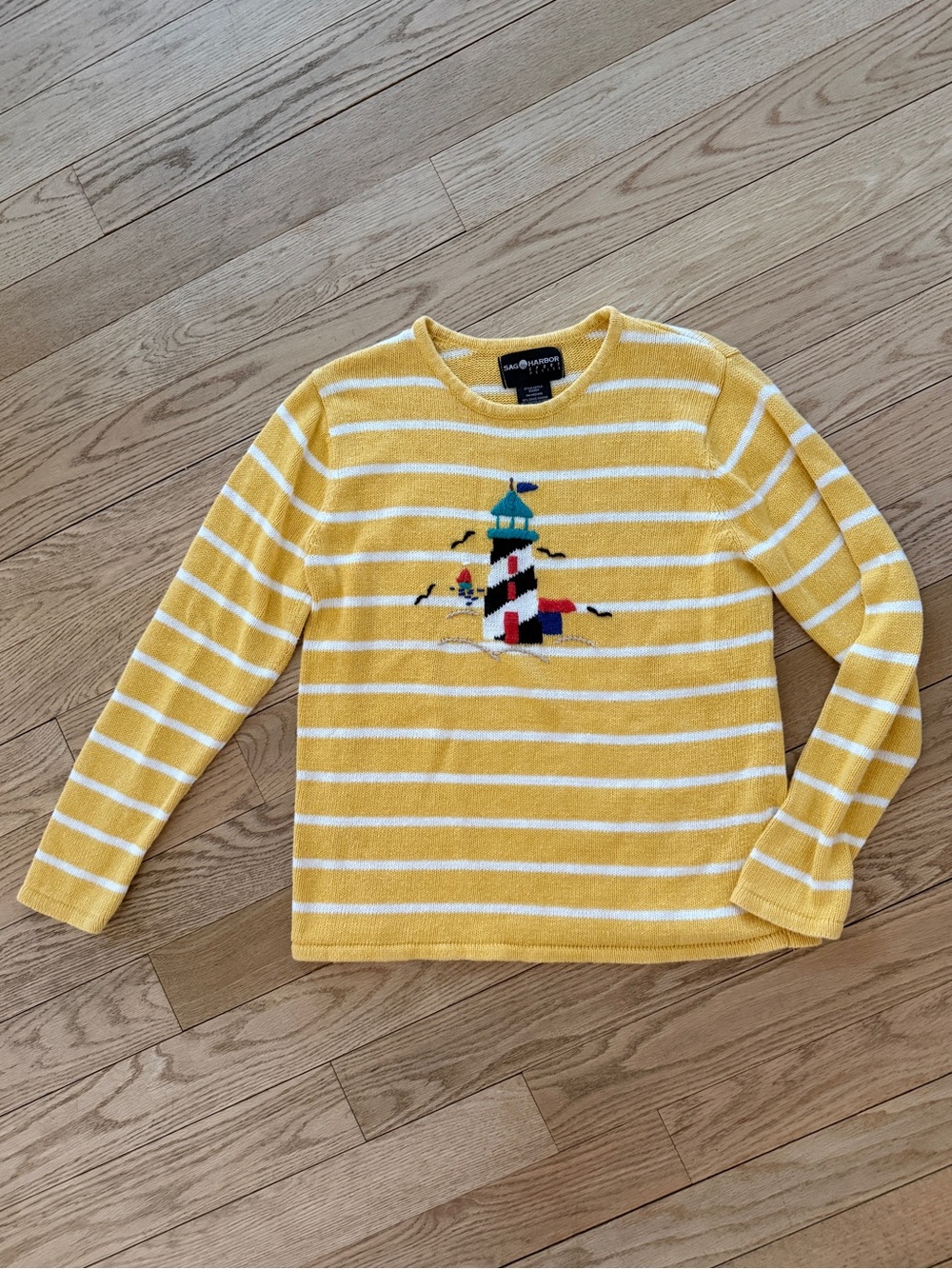 Retro Sag Harbor Yellow & White Striped Sweater w Embroidered Lighthouse M P